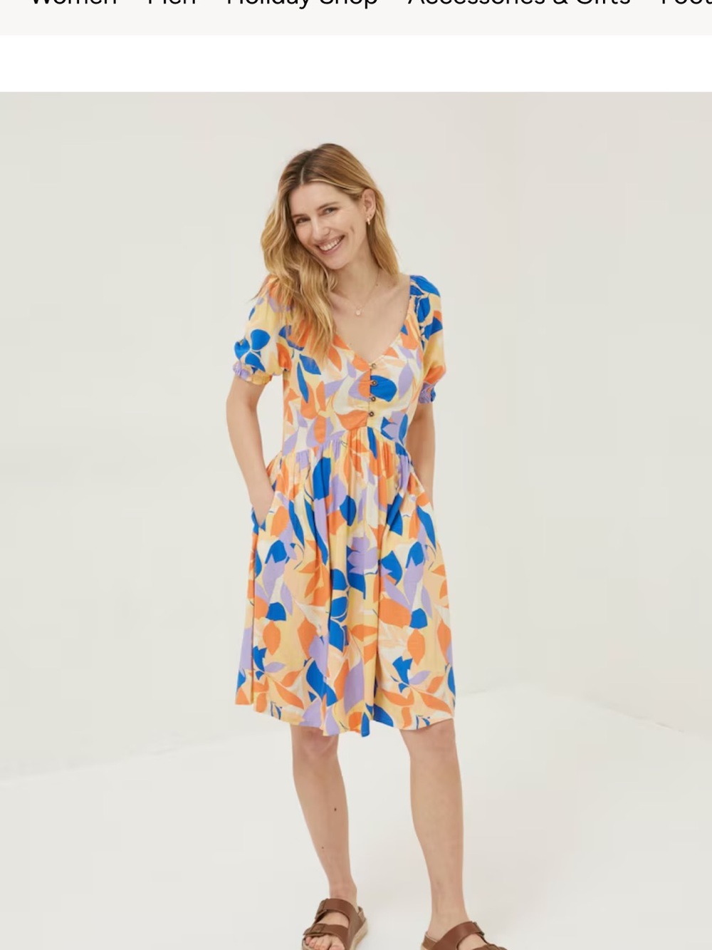 Fat Face Multicolor Smocked Dress in Blue, Peach & Lavender NWOT (has pockets)